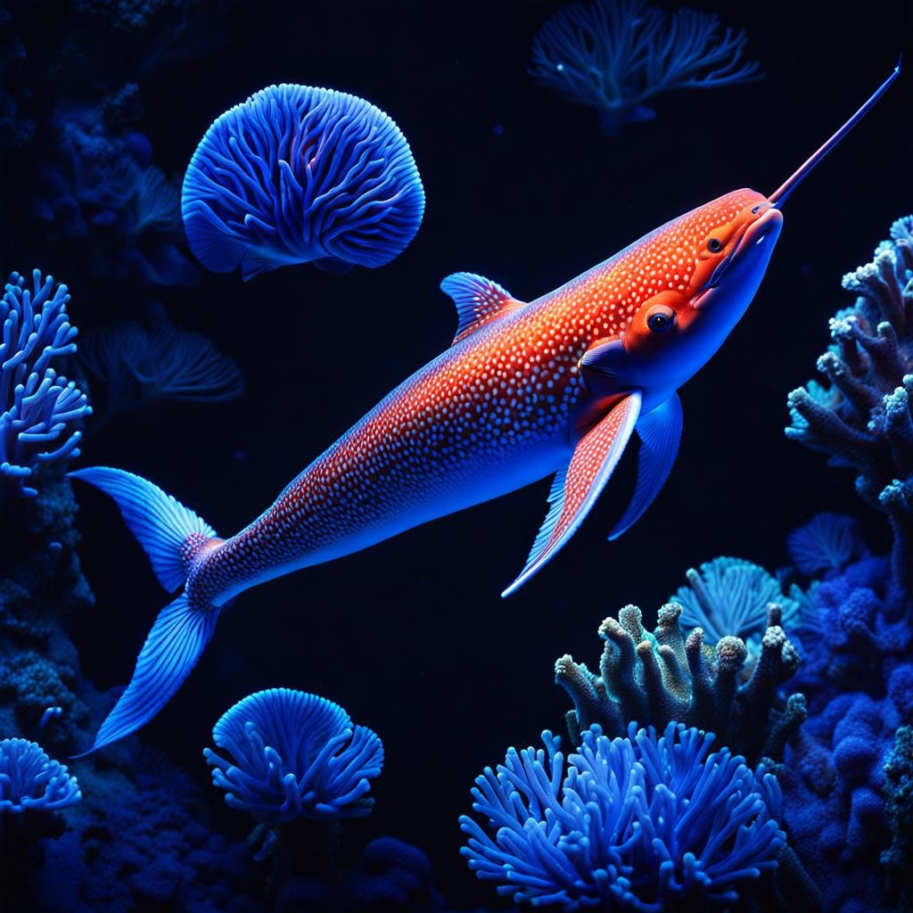 Narwal authentic swimming in the deep dark clear blue ocean ...