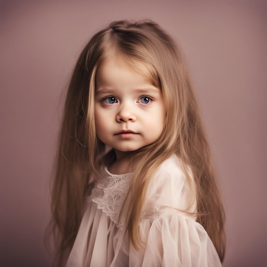 Young boy dressed as a baby girl with long hair looking sad - AI ...