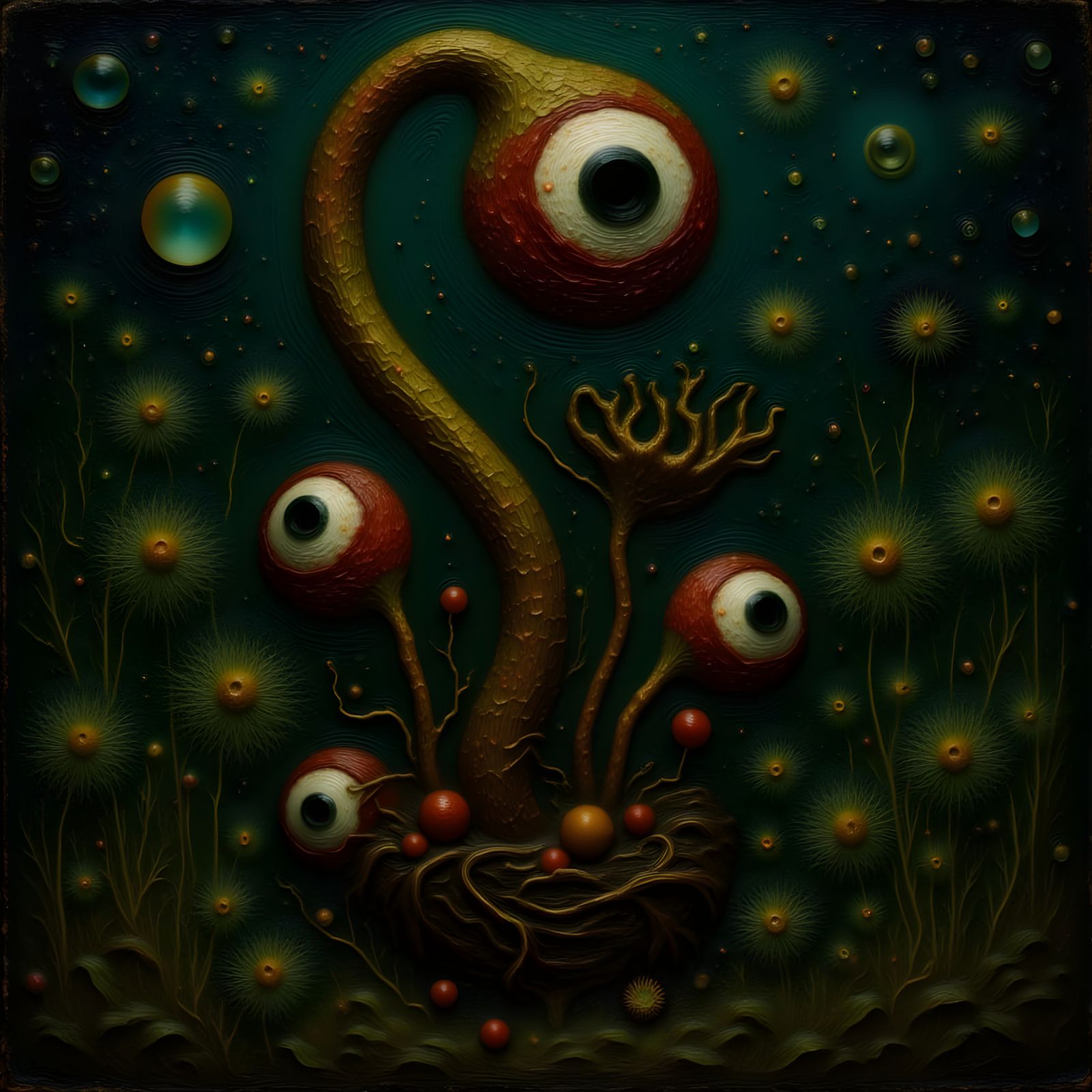 <lora:Texture:1.0> <lora:SurrealRetro:1.0> A horror style plant with eyeballs, scifi gardening, acrylic art, oil on canvas