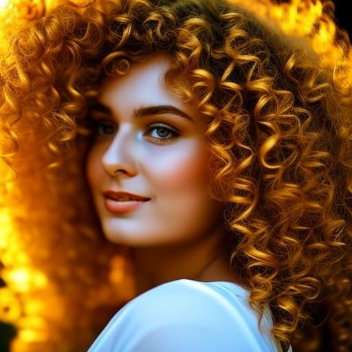 golden curly haired young lady angel sunbeams bright light i...