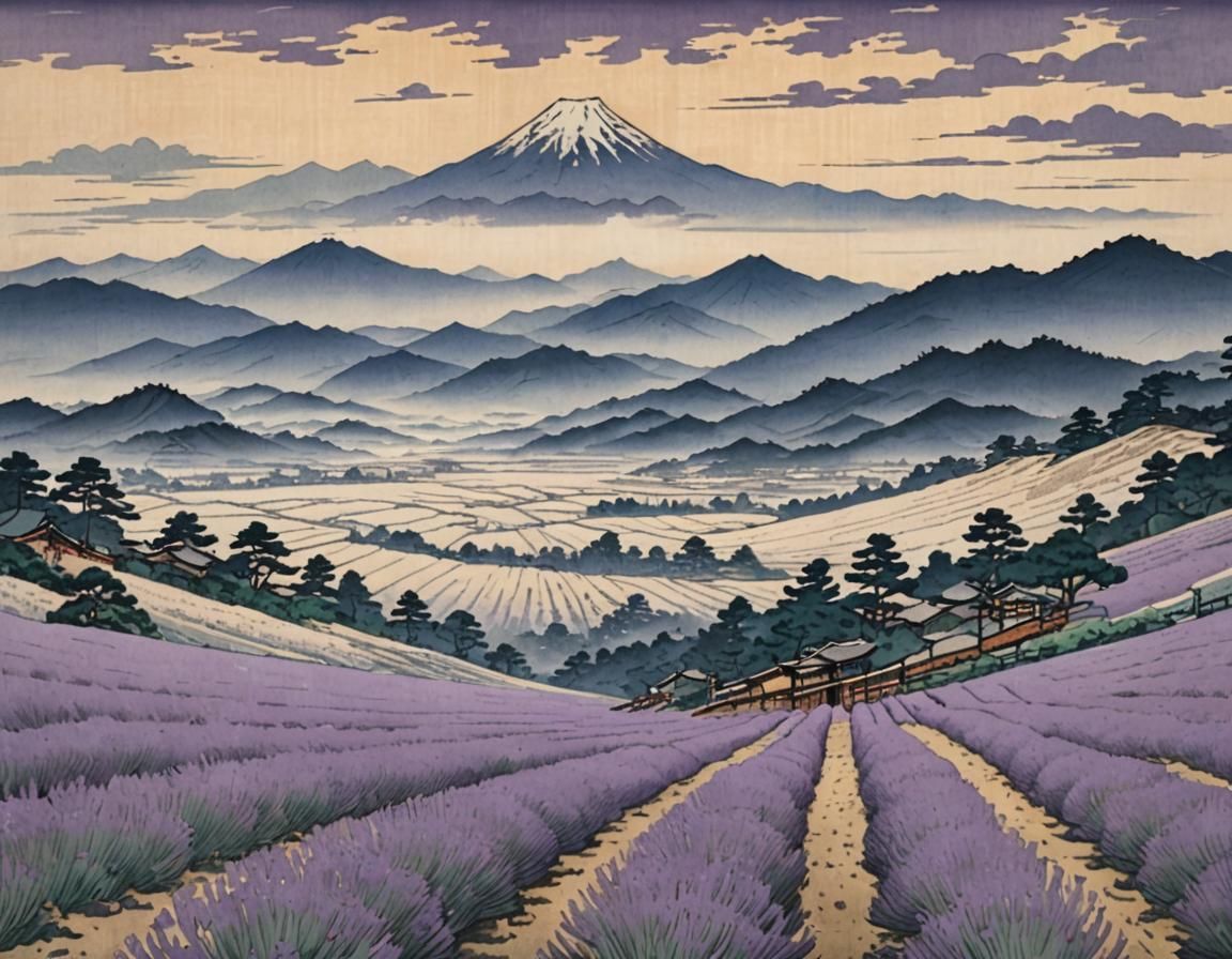 a vast lavender field, icy mountaintops in the distance, ear...