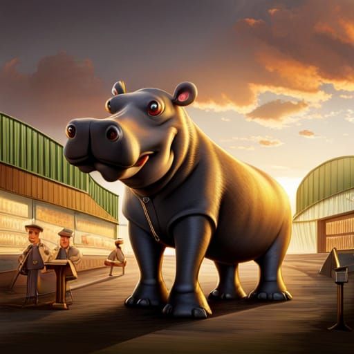 In an animal supermarket, a kind hippo advises animal buyers...