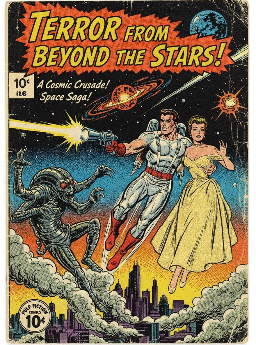 (retro mid-century sci-fi comic book cover::1.3), (B-movie pulp adventure::1.3), (1950s print texture::1.2), halftone dots, bold inking, (he...