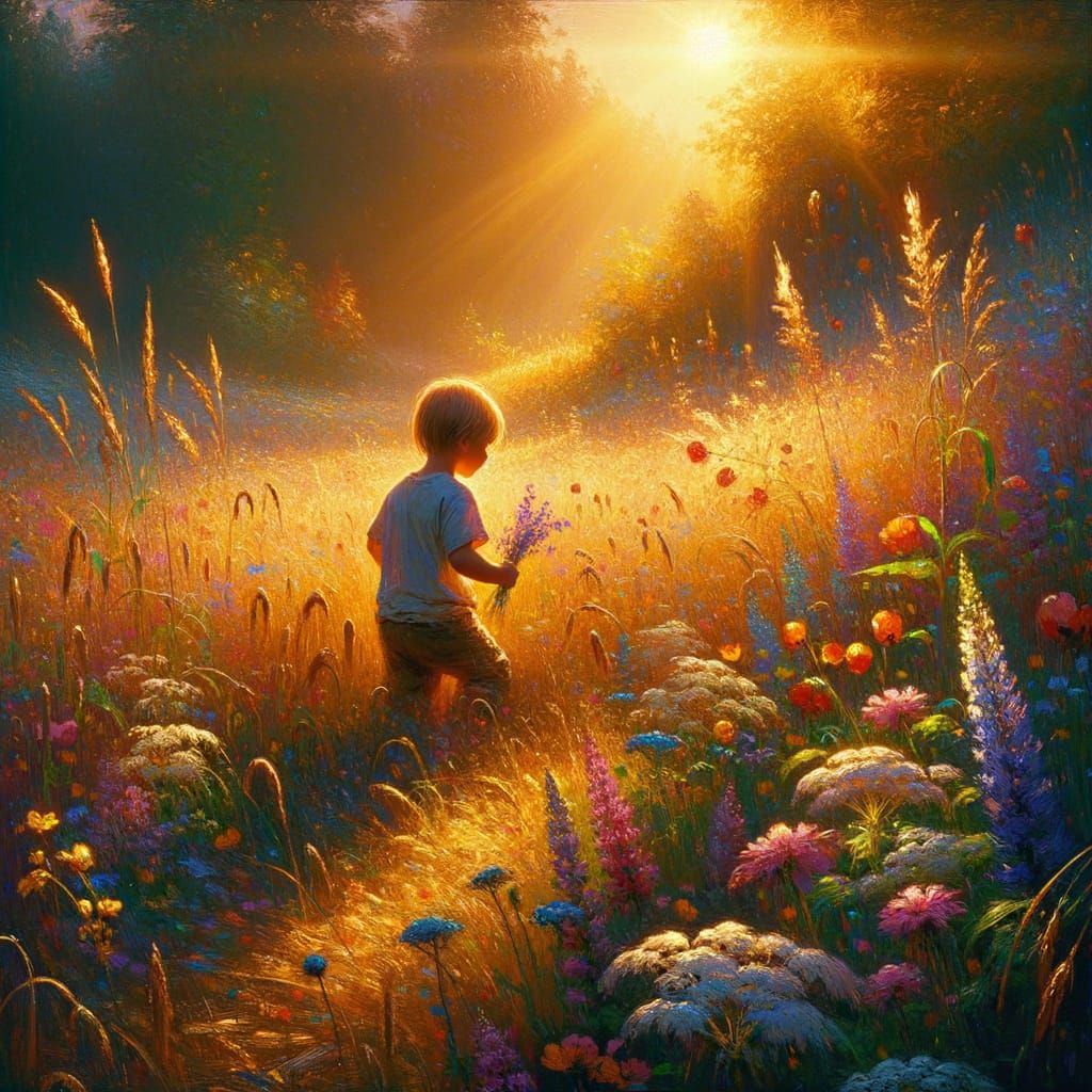 Create an image of a nostalgic scene featuring a child playing in a sunlit meadow. The composition should include the child surrounded by an...