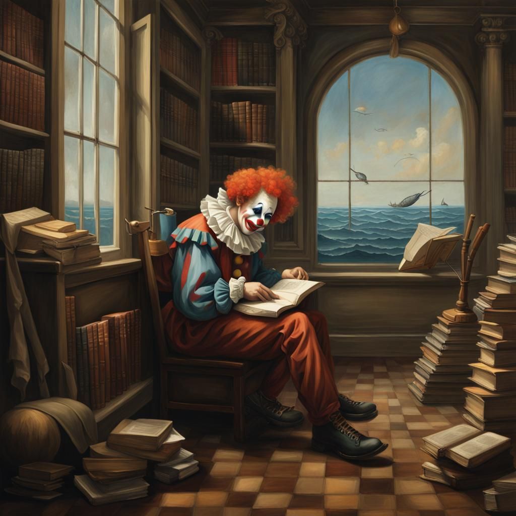 Create a European-style painting featuring a melancholic clo...