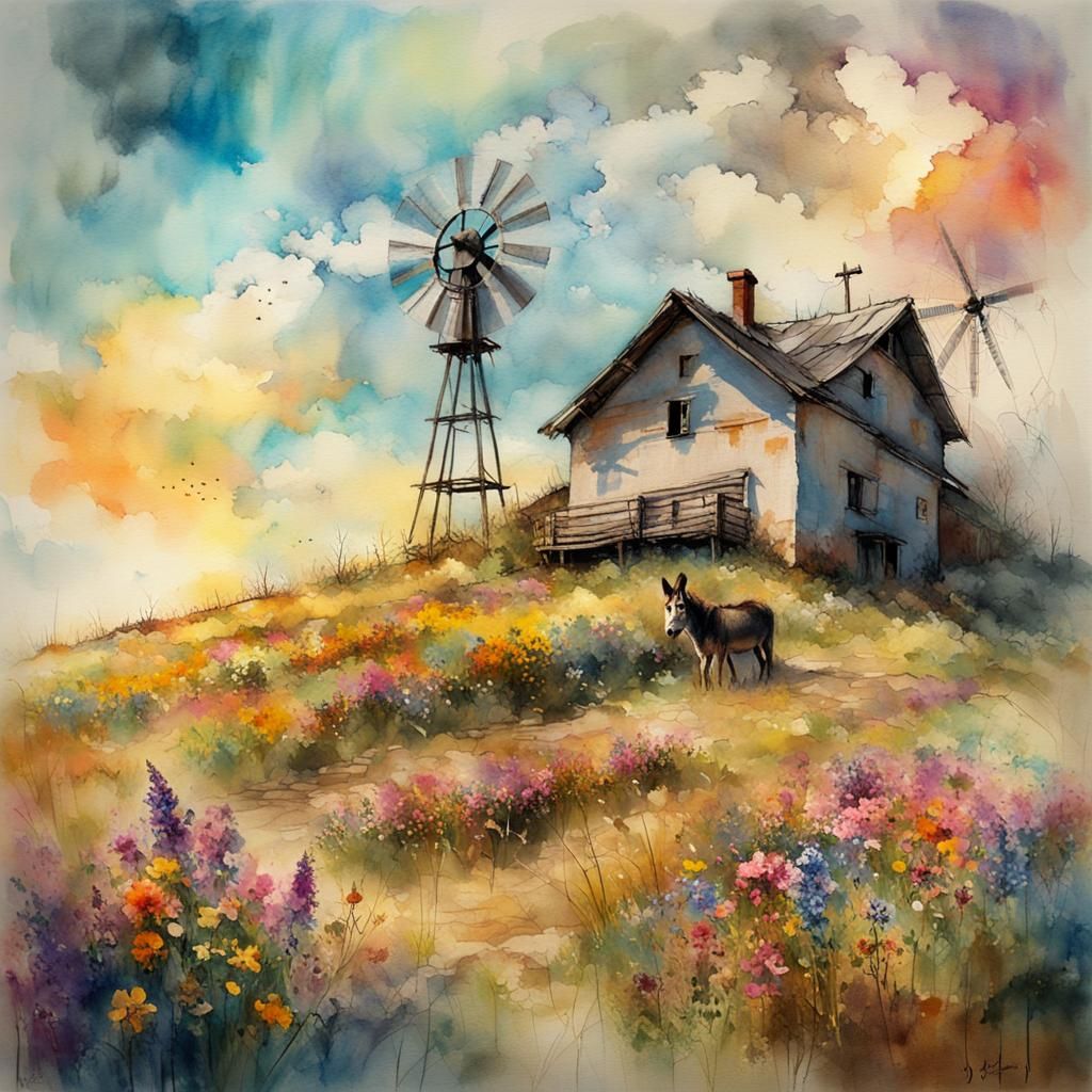 farm house on a hill with a donkey in a field ful of bright ...