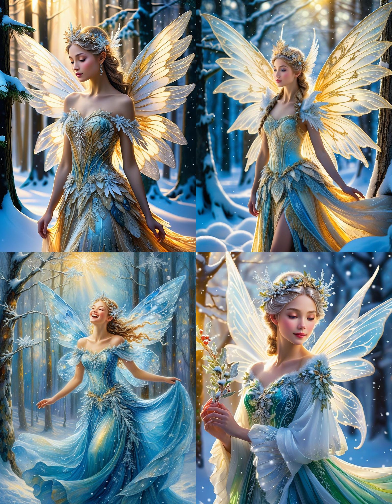 A Beautiful winter christmas fairy with large ornate wings, soft glow of cloud filtered sunshine, the air filled with sw...