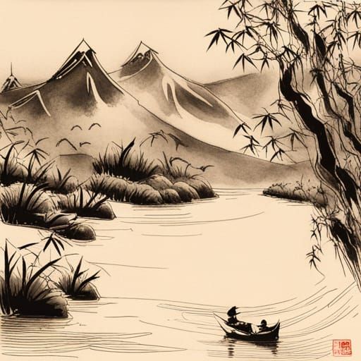chinese style ink drawing of a small grove of bamboo in a ri...
