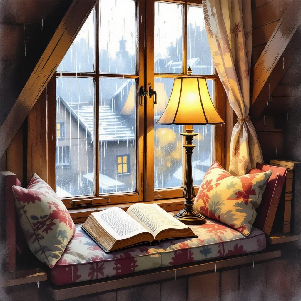 Cozy Attic Reading Nook in Impressionistic Style