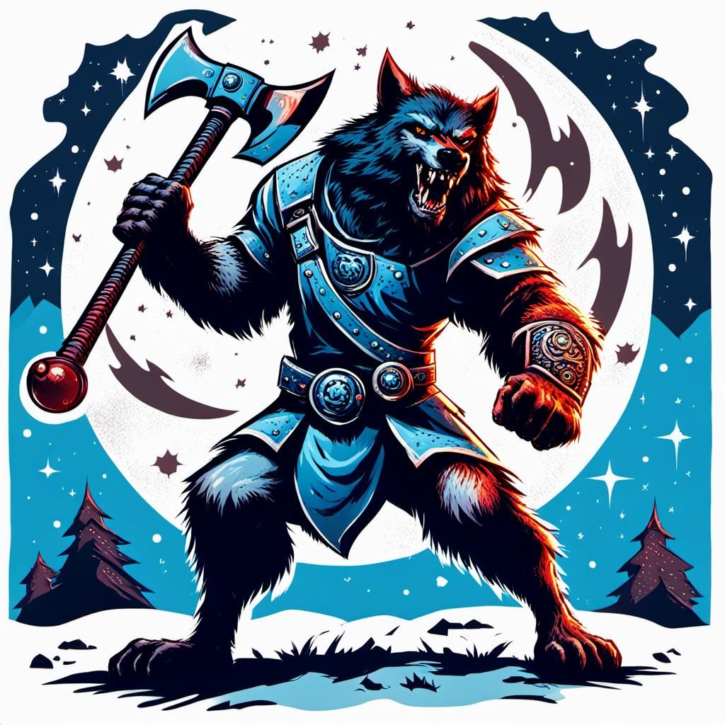 a cosmic werewolf wielding a battleaxe