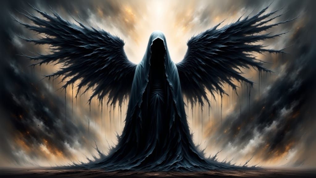 A majestic, ethereal Angel of Death, cloaked in shadows and illuminated by a single, divine beam of light. The background is a modern, abstr...