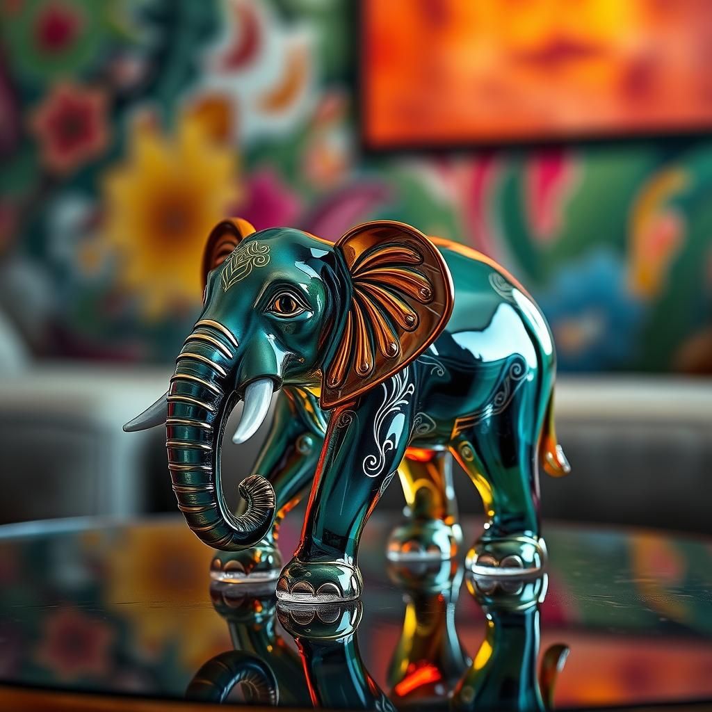 Enameled Glass Elephant Figurine, Hyperrealistic Splash Art