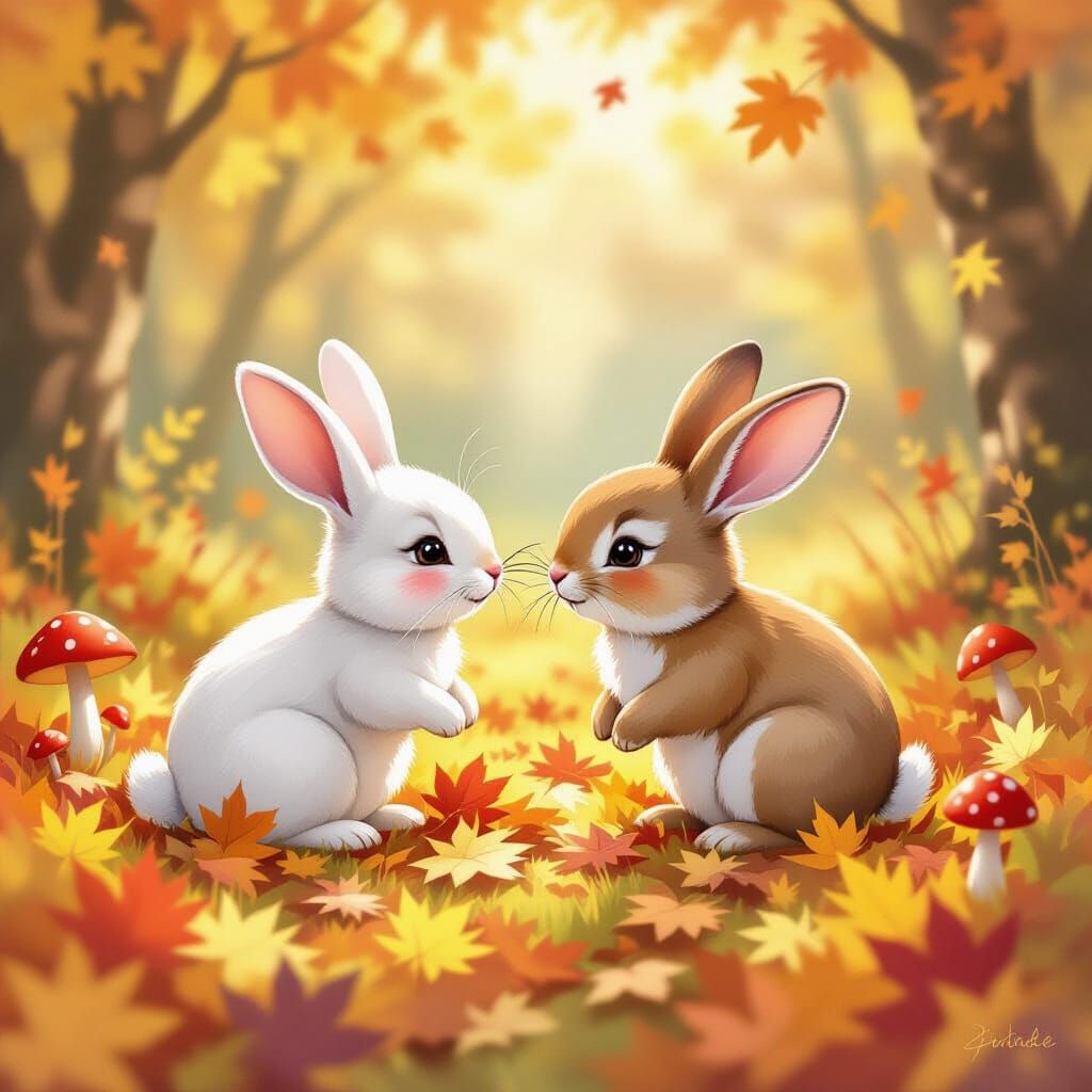 Two Bunnies Play in Autumn Leaves Watercolor