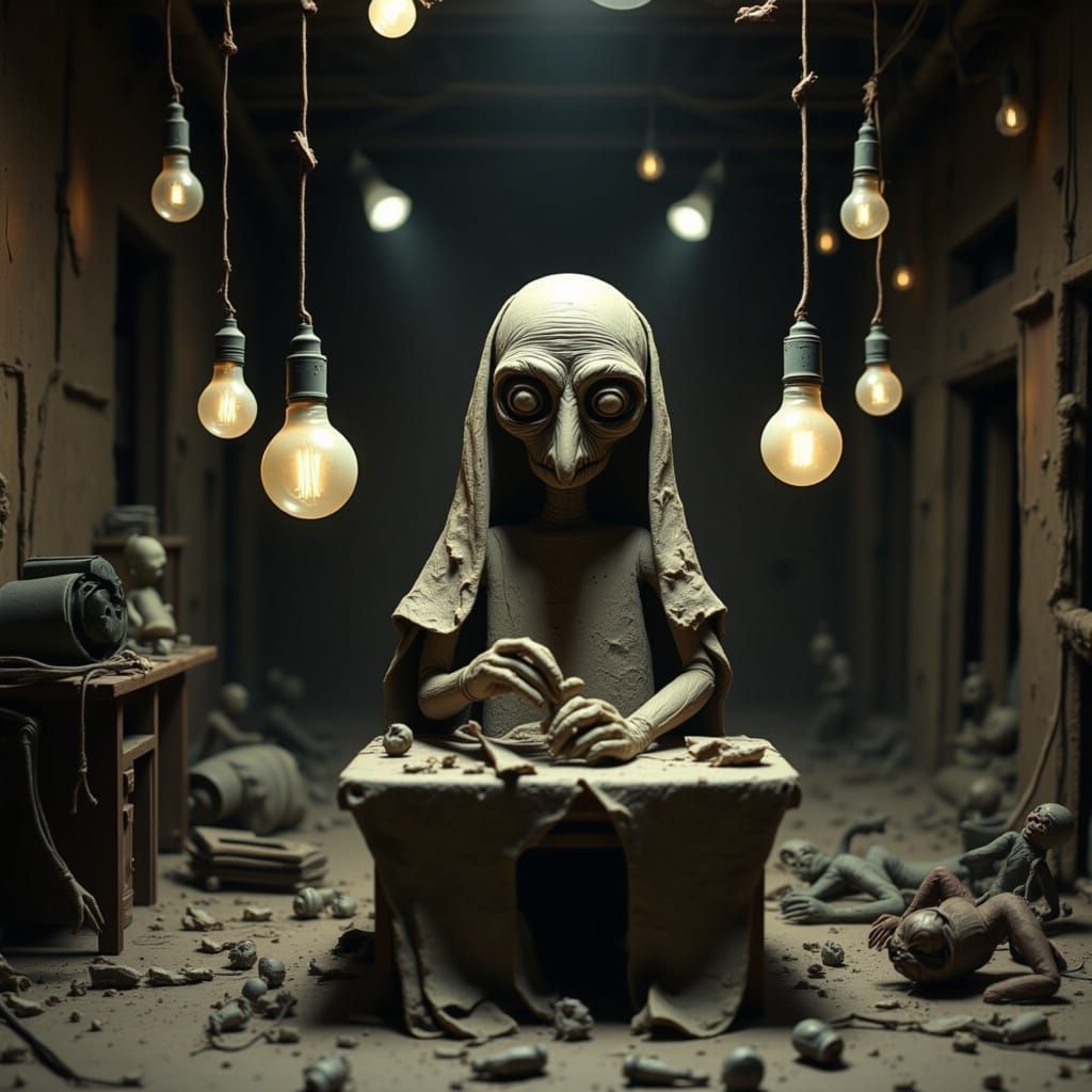 A grotesque, claymation figure with an elongated neck and a birdlike head sits hunched over a table in an abandoned warehouse. He meticulous...