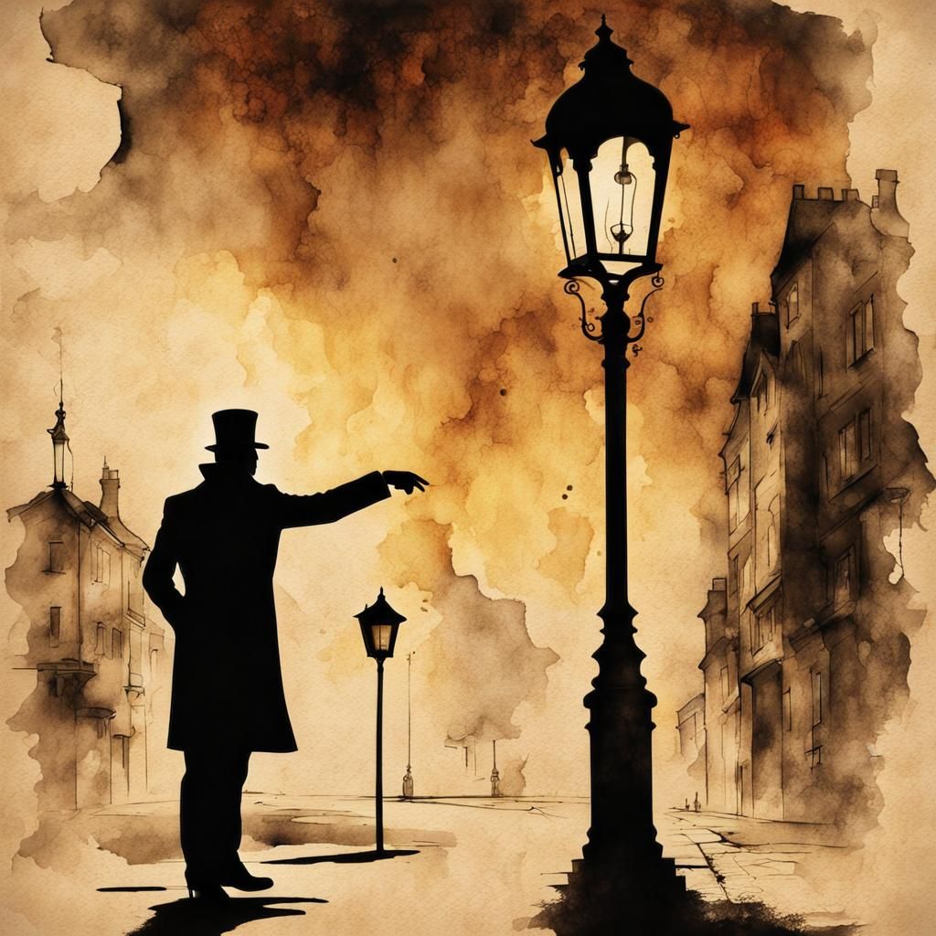 Silhouette of a man standing next to a lamp post, modern European ink painting, steampunk background, ink stains, the magician, on a street,...