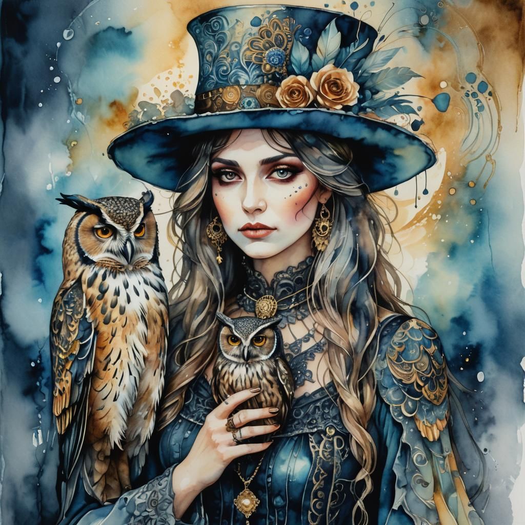 whimsical,watercolor bohemian rockergothic woman wearing a o...