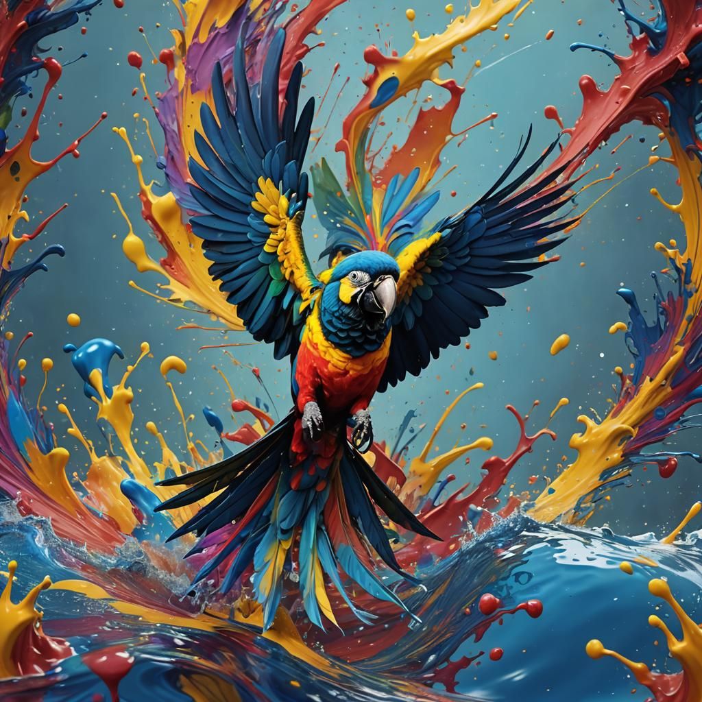 McCaw parrot rising out of a pool of brilliant swirled rainb...