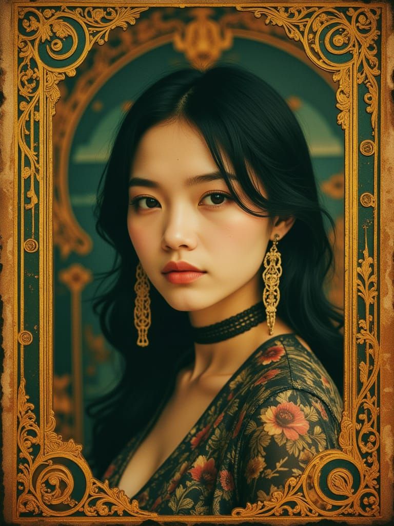 MODERN ASIAN WOMAN, PUNK STYLE, LAUNCH SITE, COSMIC EVENT, stylized portraiture, ornate gilded filigree frame, aged photo in the style of Au...
