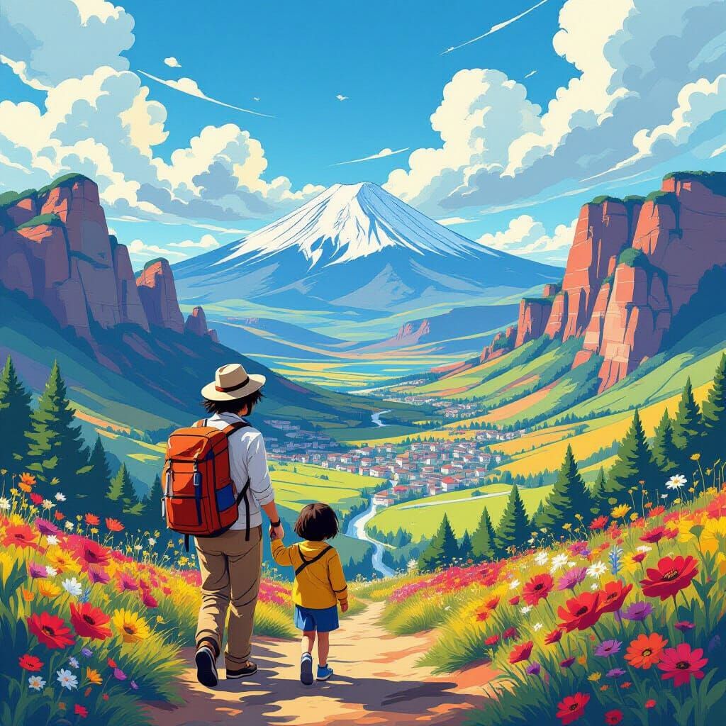 Family Trip Exploring Landscapes in Vibrant Art Style
