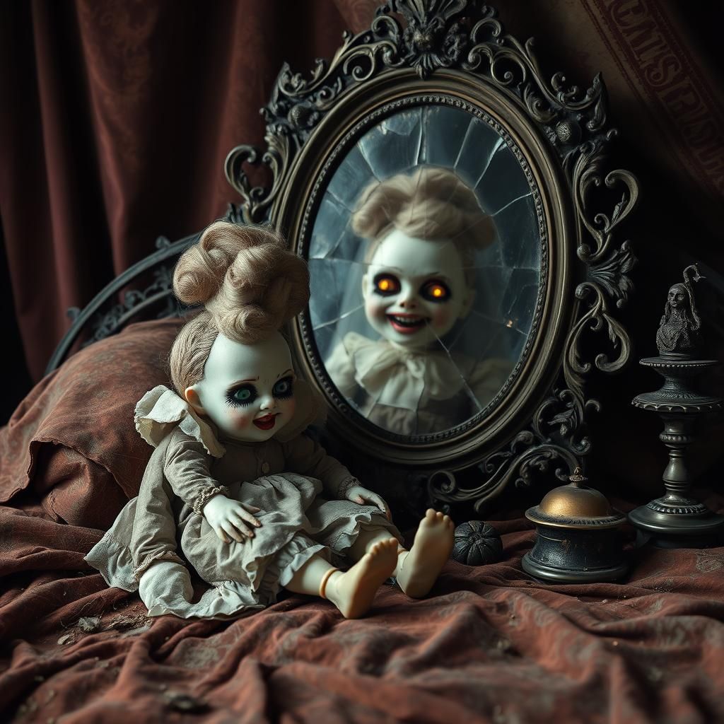 "an ancient doll with bright eyes and an evil smile is sitting on a bed and looking at herself in the ...  by @Giulia