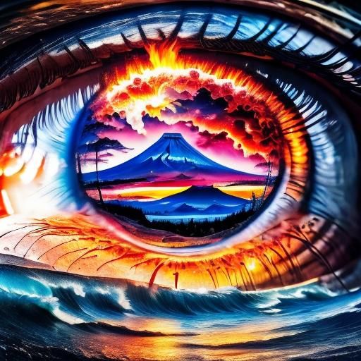 "macro shot of “volcano exploding <lora:Eyeeezzzzz:1.0> inside an eye" double exposure collage art illustration, silhouette art, fantasy, hd...