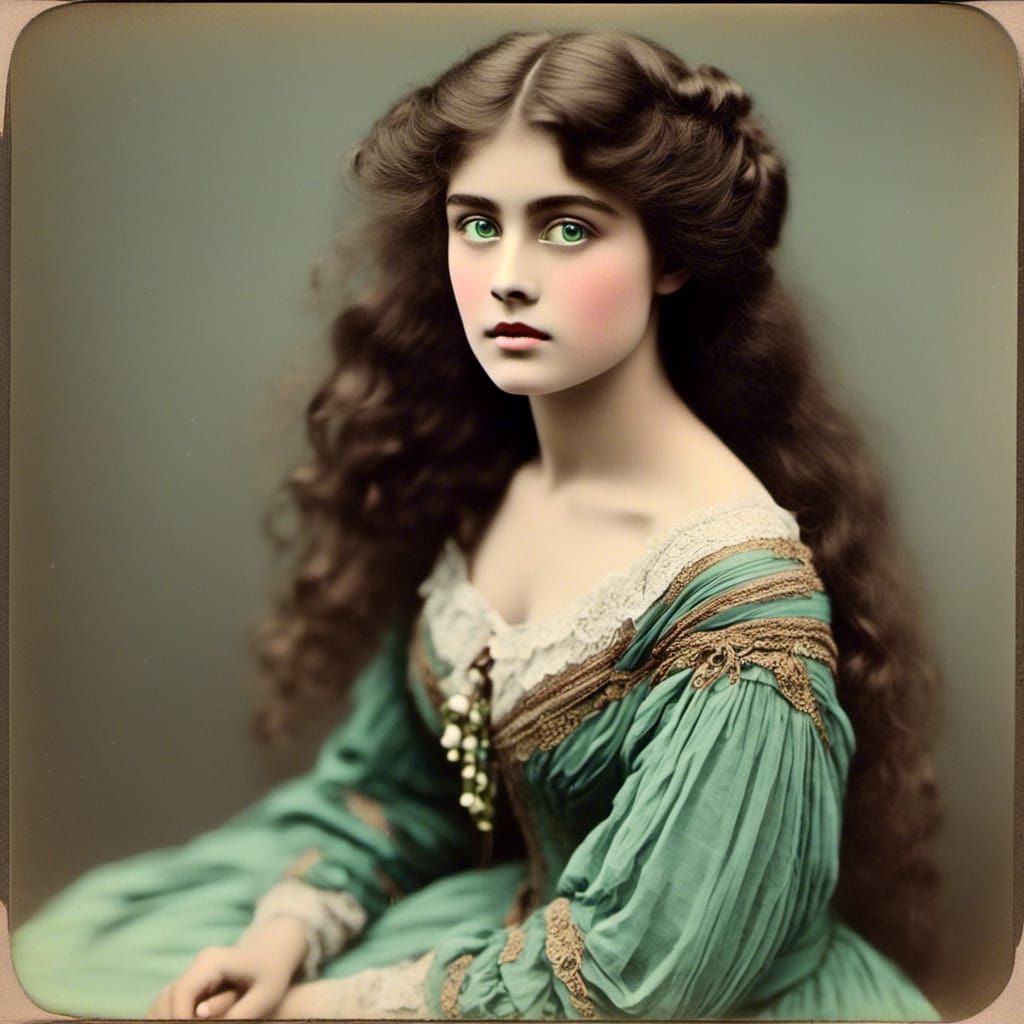  <lora:The Gibson Girl:1.0>brunette with ethereal green eyes, colorized 