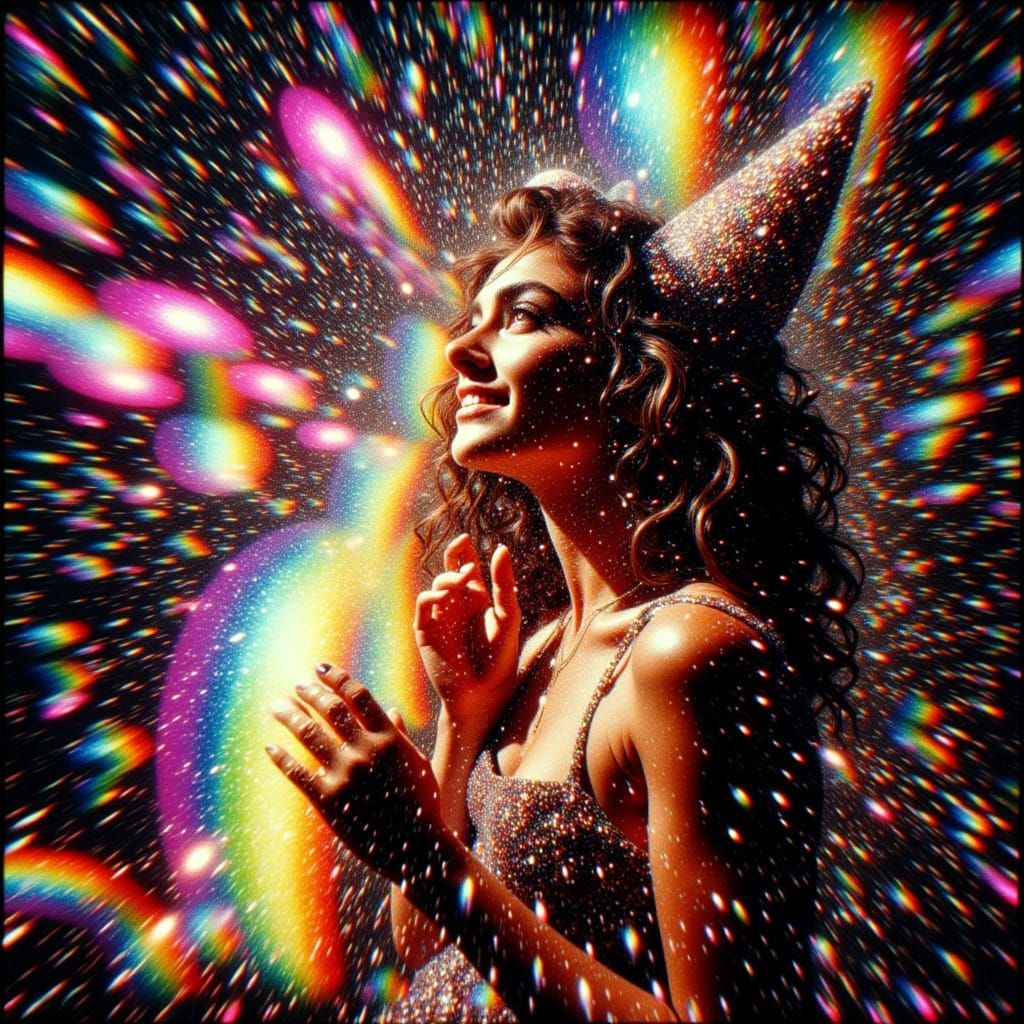 35mm film: splashy rainbow sparkly noir painting: a girl with brown curly hair in sparkling rainbow clothes playing with a glittery rainbow,...