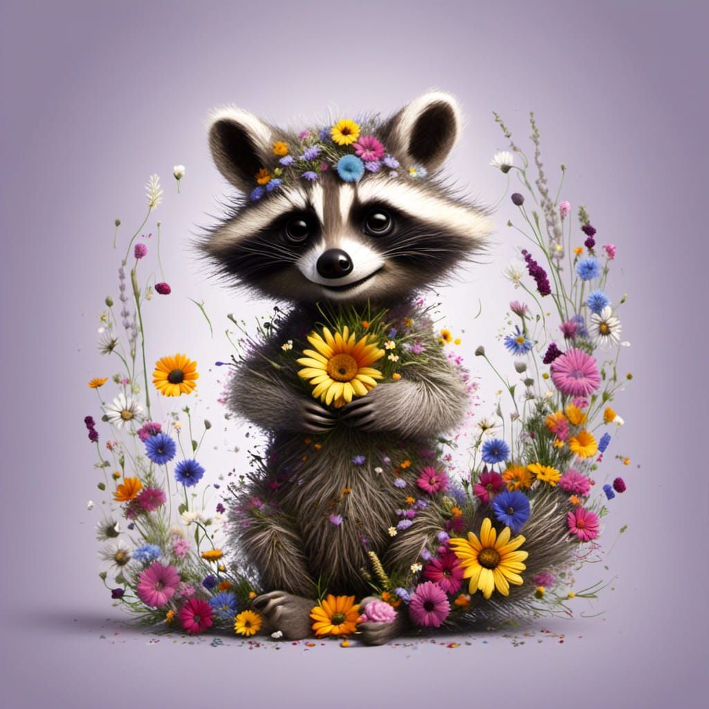 <lora:Flowers:1.0> Baby magic raccoon  made from flowers  a spell of flowers magical flower effects