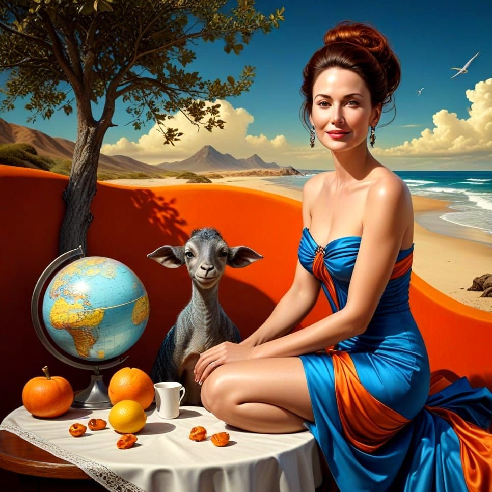 Surreal Lady with Fantastic Creatures in Dream Landscape