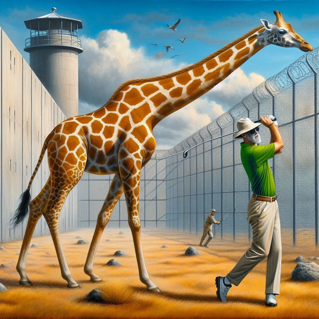 Gray-haired golfer golfing at Guantanamo with a giant giraffe