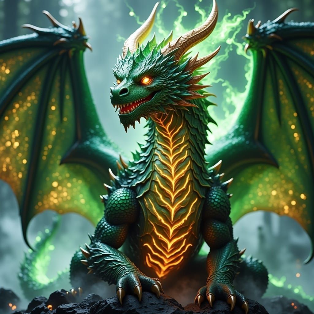 <lora:DragonV1:1.0>A captivating medium-distance view of a majestic dragon facing directly towards the camera, perched confidently on a rock...