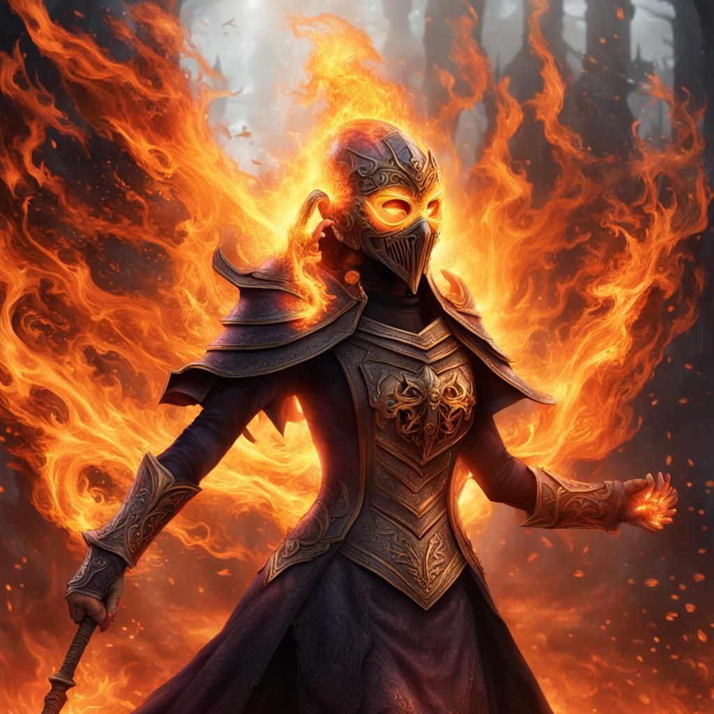 A flaming female wizzard with a mask covering her face