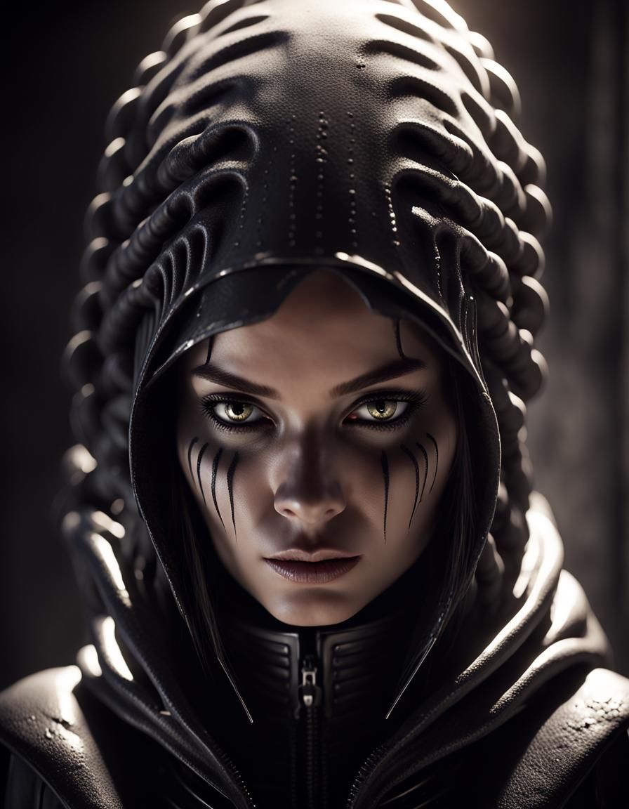 girl creed assassin, dark smoke around,, bright backlight ci...