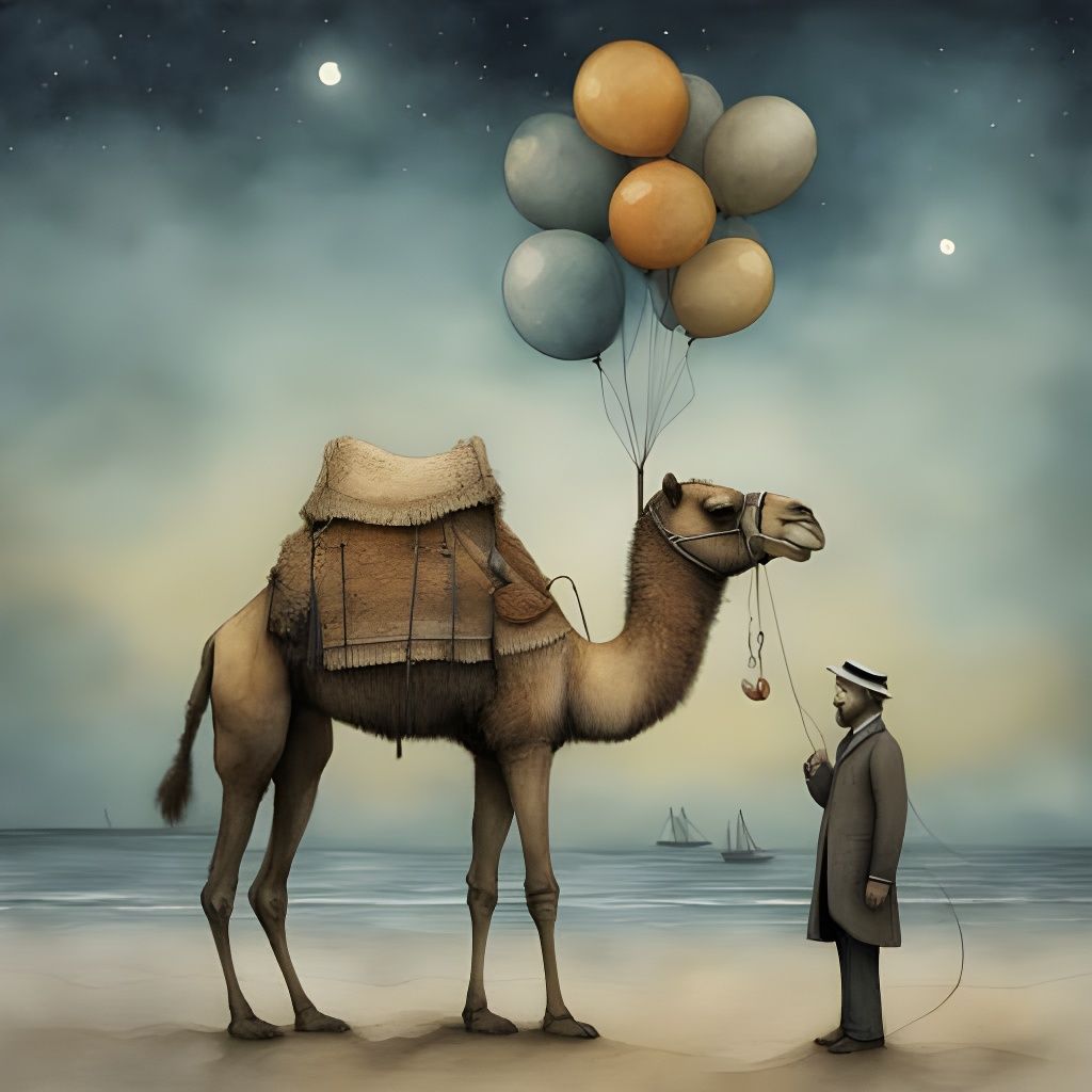 A whimsical camel at the beach
