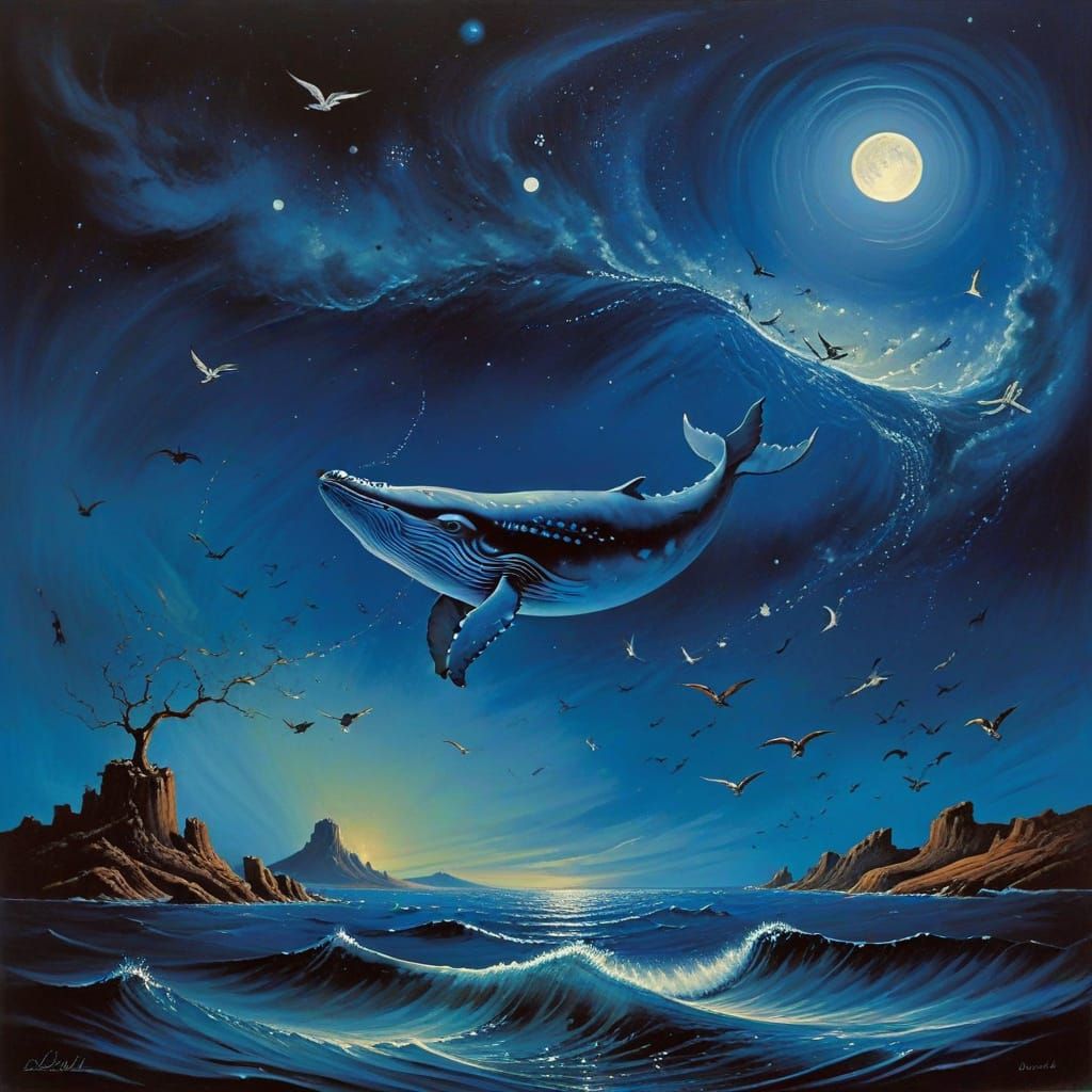 Surreal Whale Soaring Through Moonlit Sky
