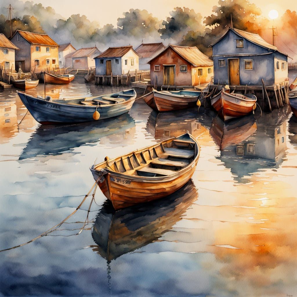Beautiful  Autumn fishing village  boats, beautiful sunrise, insanely detailed watercolor painting with ...  by @Mike