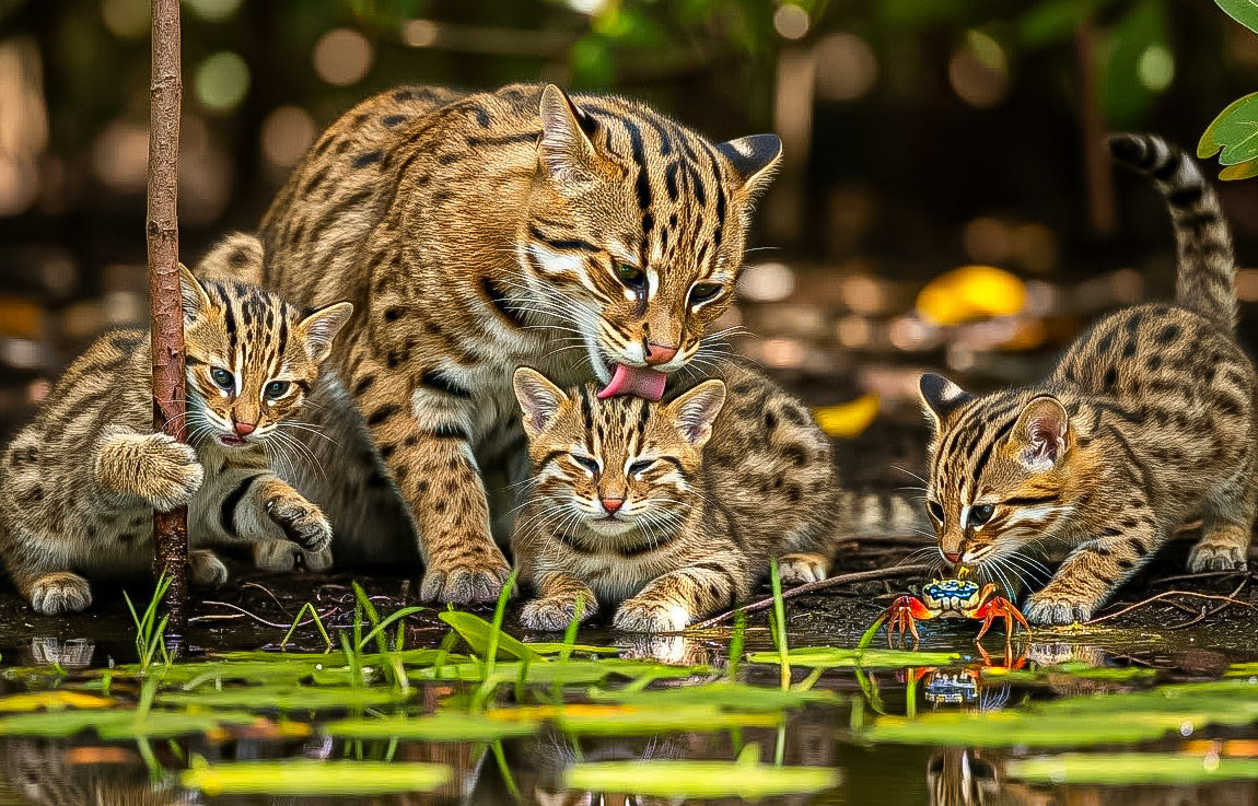 Fishing Cat mother and kittens