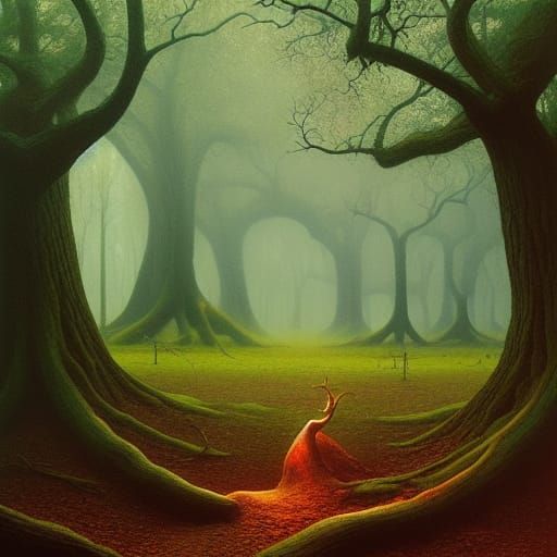 Realistic Forest with Oak Tree in Lyrical Abstraction Style