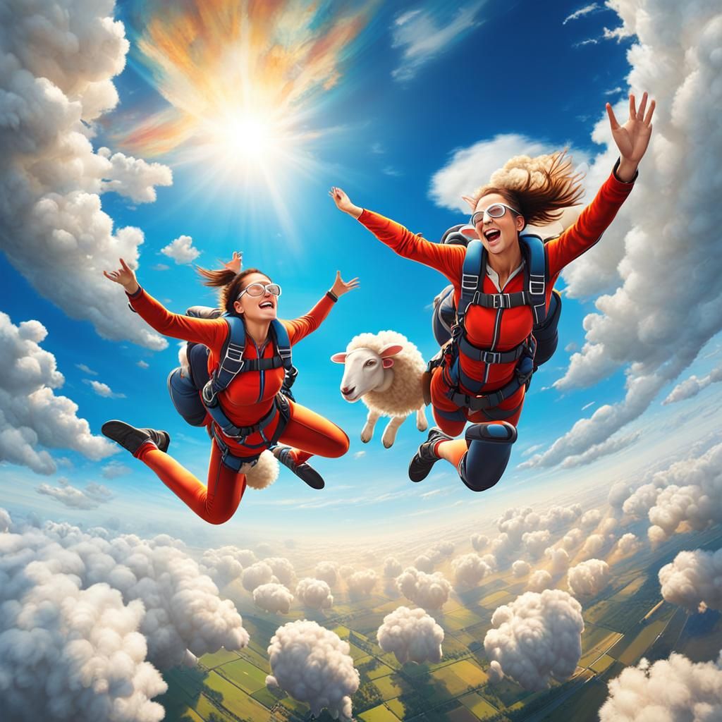 Skydiving Girls in Sheep Cloudscape: Comic Art