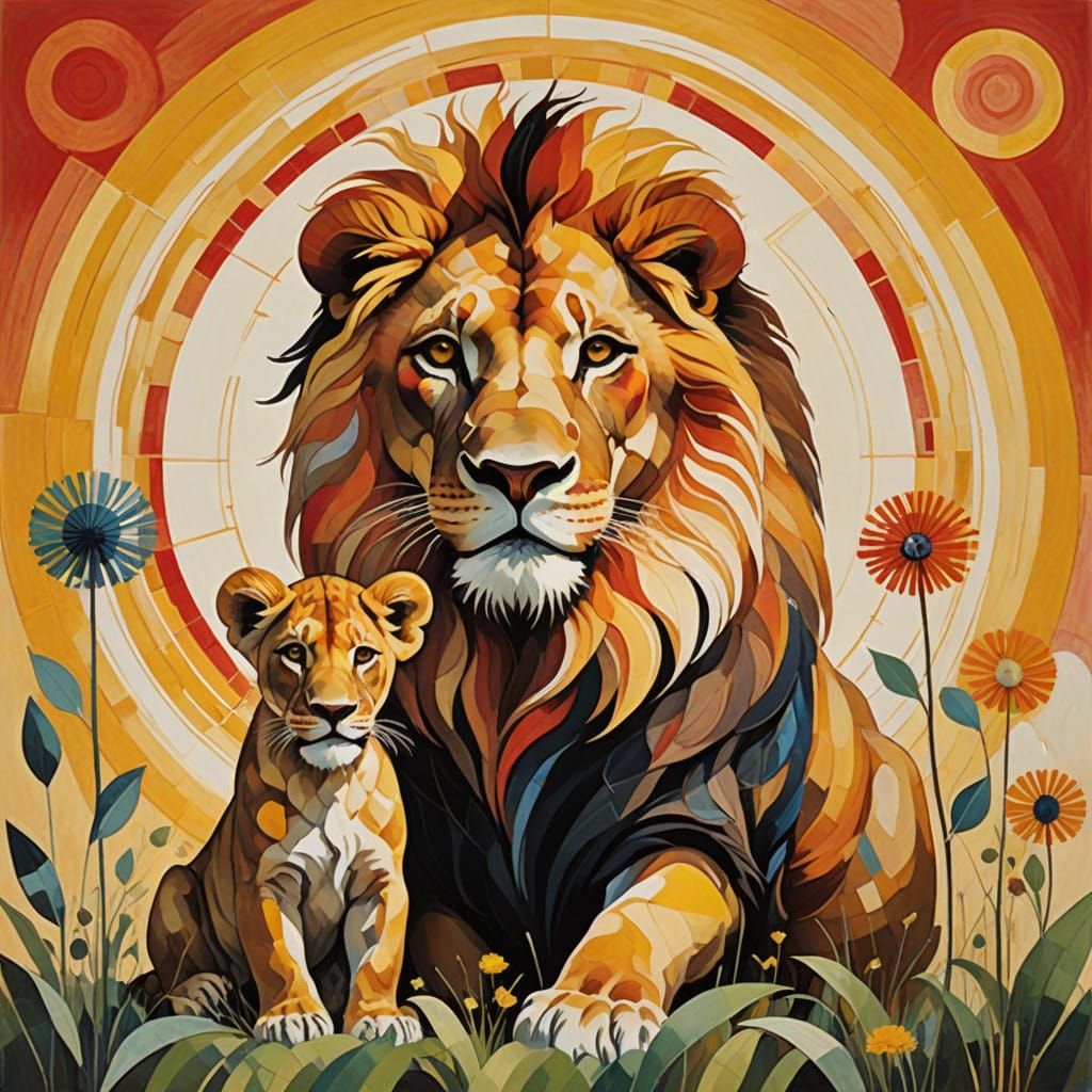 Hyper realistic beautiful lion with a dandelion mane beside a playful cub effect  colourful effect  Orphim art colourful effects 