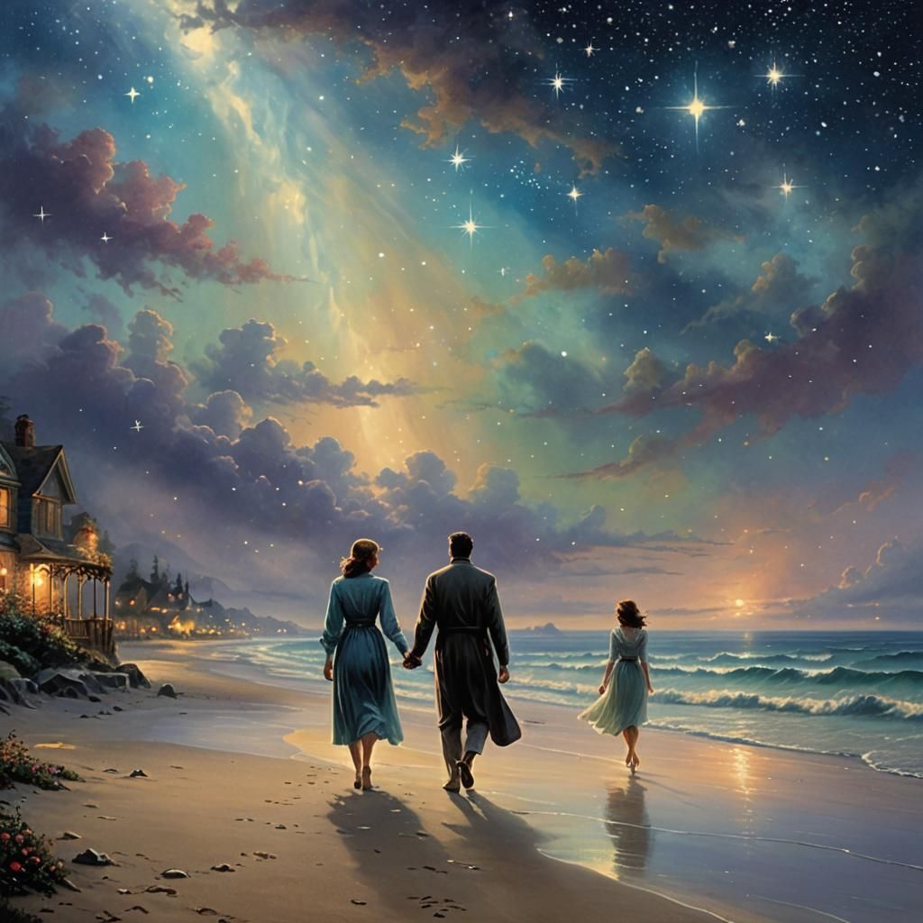 Man and woman walking on the beach at night. Amongst the sta...