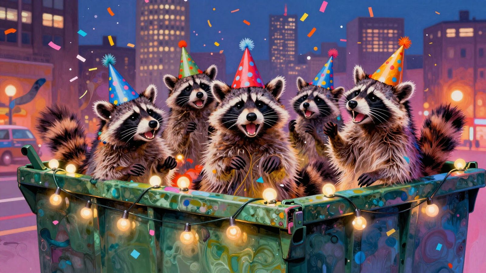 A group of raccoons wearing party hats throwing a party in a dumpster with string lights, confetti flying, ...  by @Ed Evans