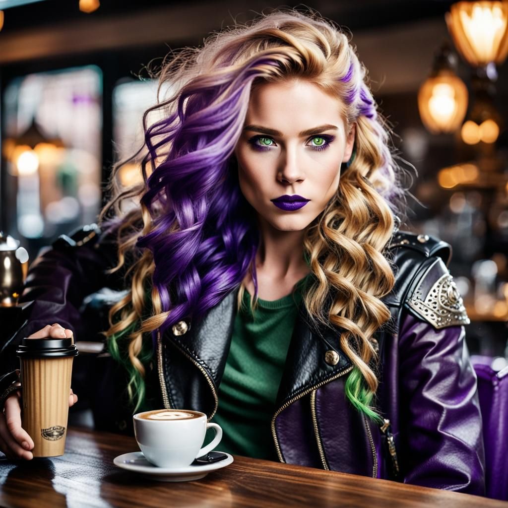 Valkyrie with Viking features, wavy golden hair that has pur...