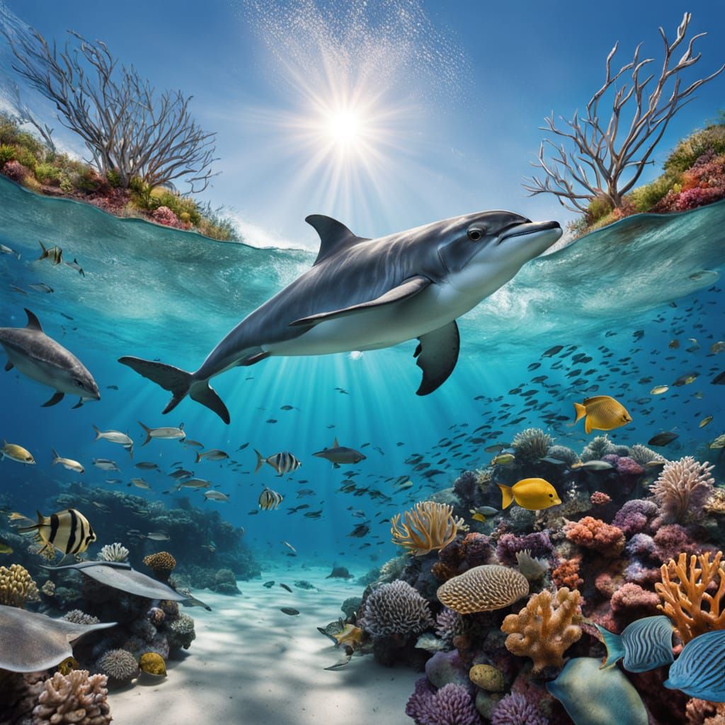 A vibrant, photorealistic underwater scene celebrating World Ocean Day, June 8th.   by @Nohahaikal 