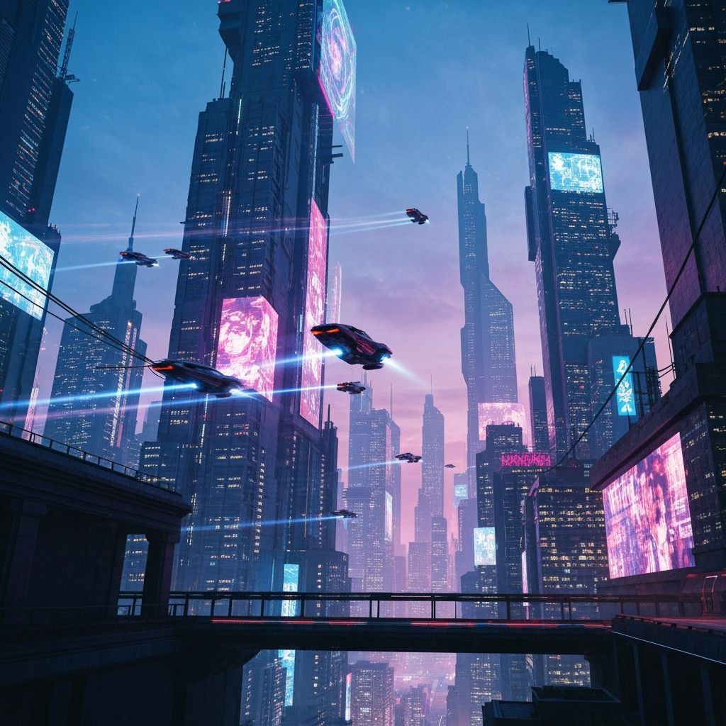 Futuristic Cyberpunk Cityscape at Dusk