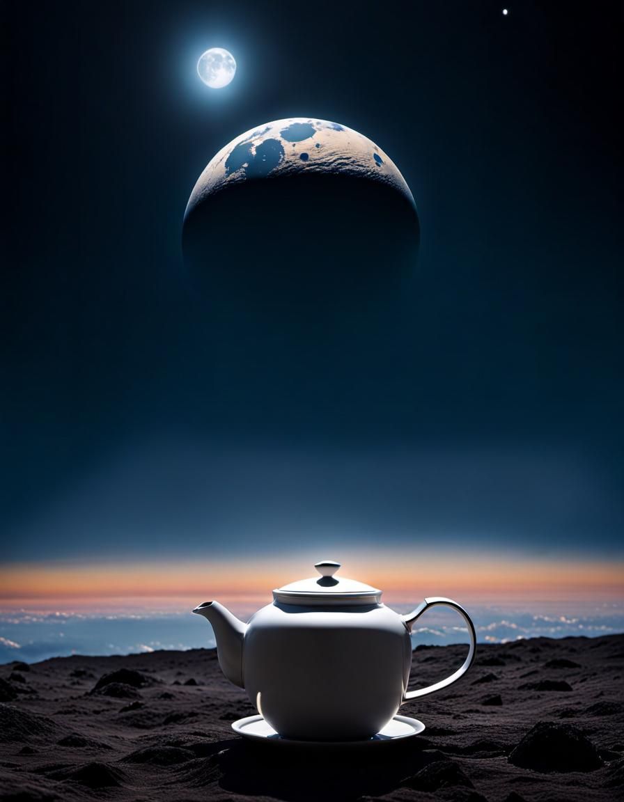 (tea pot rising over horizon 1.4) of a moon as astronaut wav...