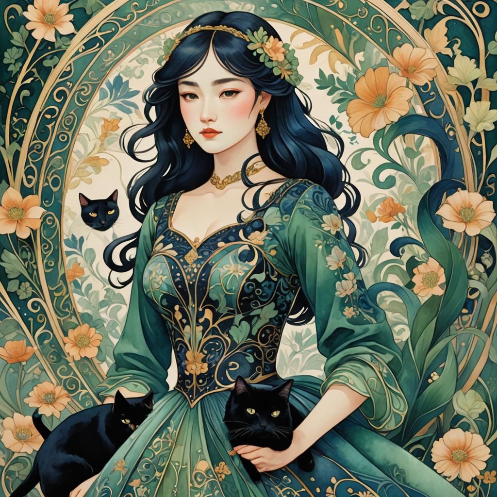 An elegant girl and a black cat, Art Nouveau minimalist curv...
