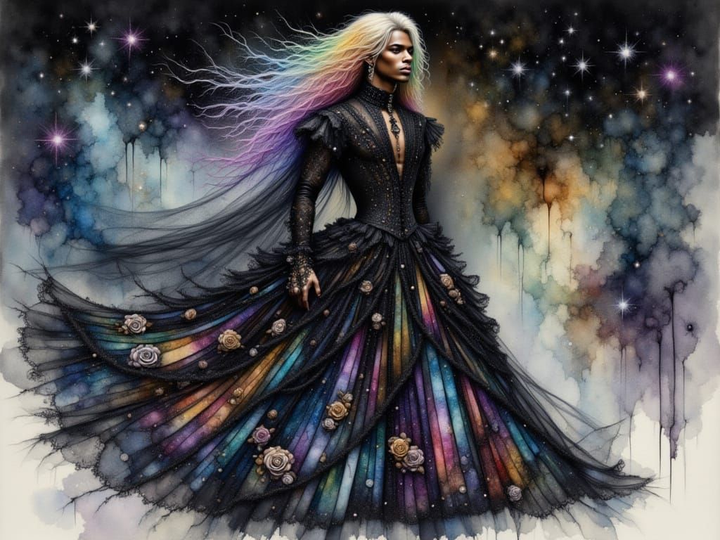 <lora:Princess Intensity:1.0> <lora:Dress Intensity:1.0> <lora:Shadow whimsy:1.0> <lora:Crinkled Metallics:1.0> Watercolor dynamic drawing f...