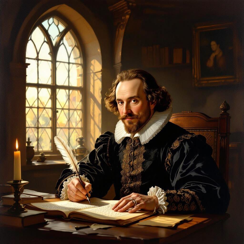 Use the real Cobb Portrait of William Shakespeare as an accurate facial image, please  produce an image of Shakespeare at his desk with a qu...