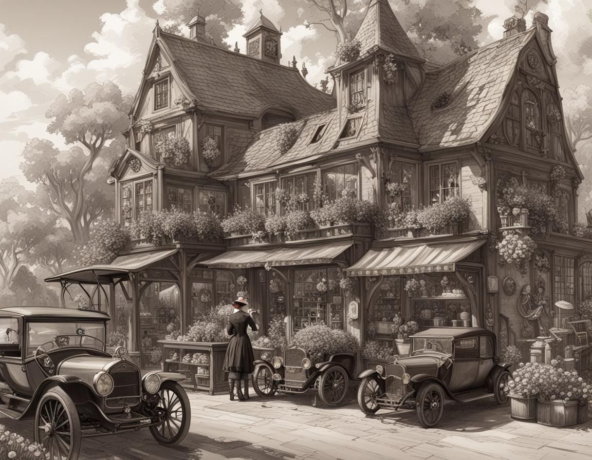 An old steampunk Village, Cars, Garden, Trees, A woman in a ...